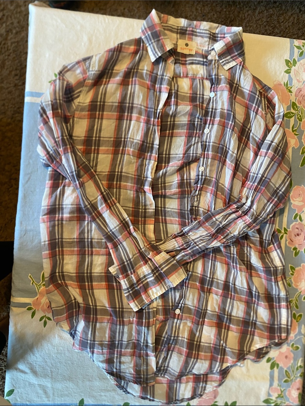 Sundry Plaid Button-Down Shirt in Red, Gray & White
